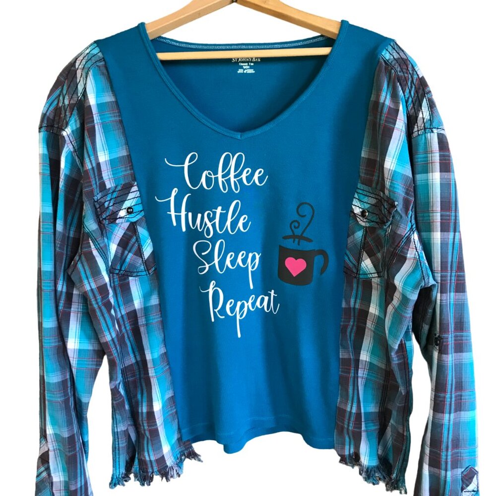 Upcycled Plaid Shirt, Teal Coffee Graphic Long-Sleeved Tee w/ Fringe Size M L XL